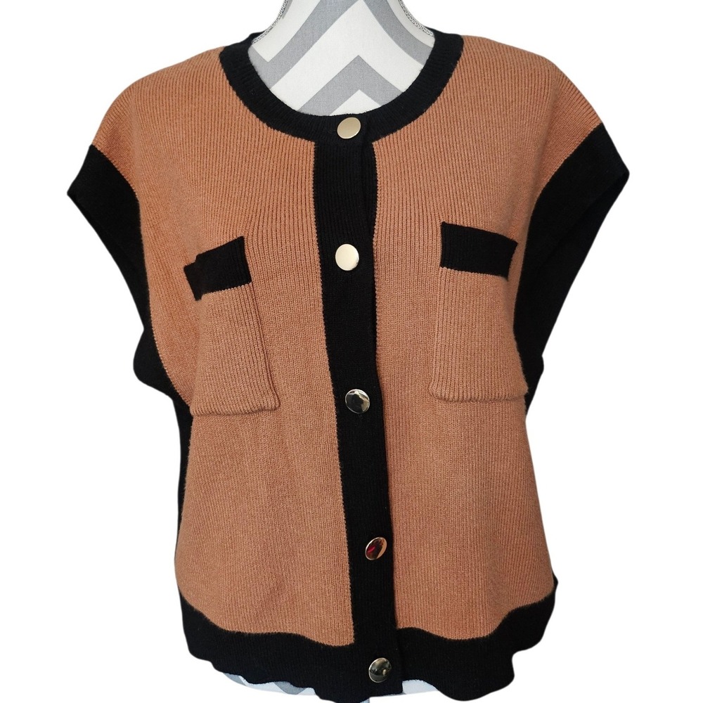 Marc New York Colorblock Knit Cardigan Vest Large Camel Black Gold Button - Picture 2 of 8